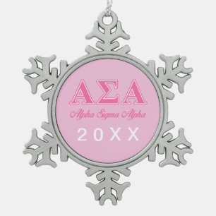 Alpha Sigma Alpha Pink Letters Snowflake Pewter Christmas Ornament