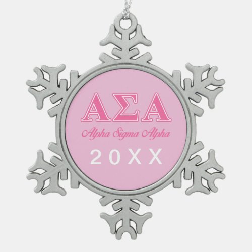 Alpha Sigma Alpha Pink Letters Snowflake Pewter Christmas Ornament