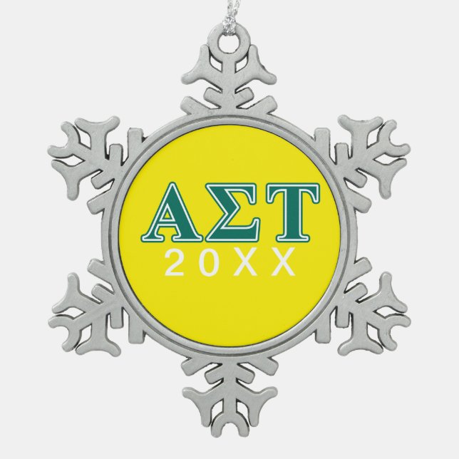 Alpha Sigma Tau Green Letters Snowflake Pewter Christmas Ornament (Front)