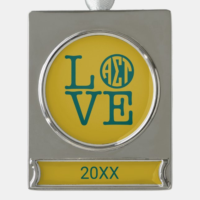 Alpha Sigma Tau Love Silver Plated Banner Ornament (Front)