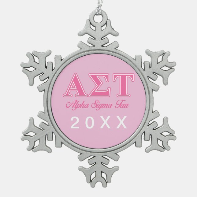 Alpha Sigma Tau Pink Letters Snowflake Pewter Christmas Ornament (Front)