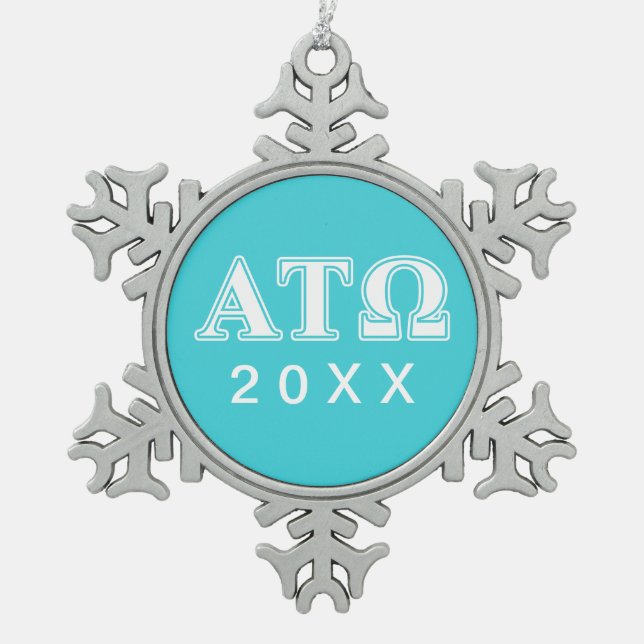 Alpha Tau Omega White and Blue Letters Snowflake Pewter Christmas Ornament (Front)