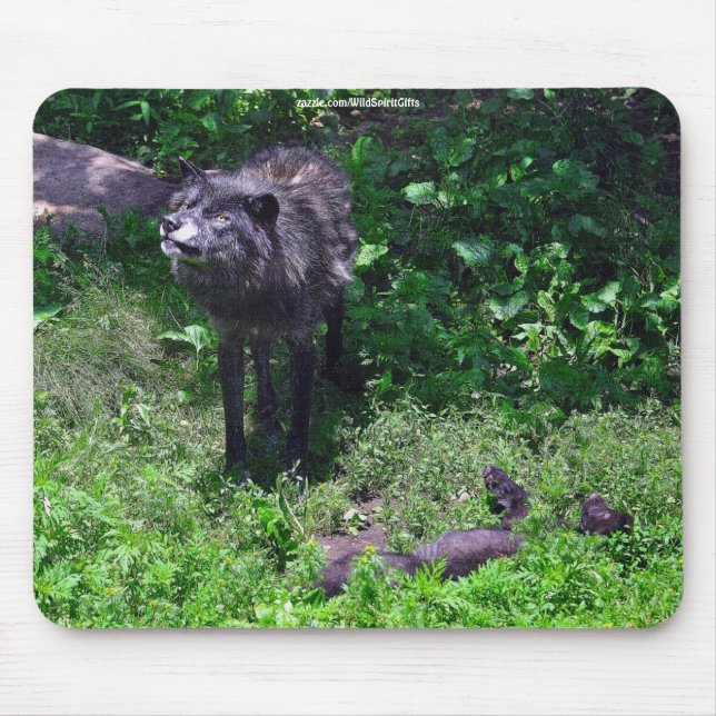 Alpha Timber Wolf & Grey Wolf Cub Wildlife Art Mouse Pad (Front)