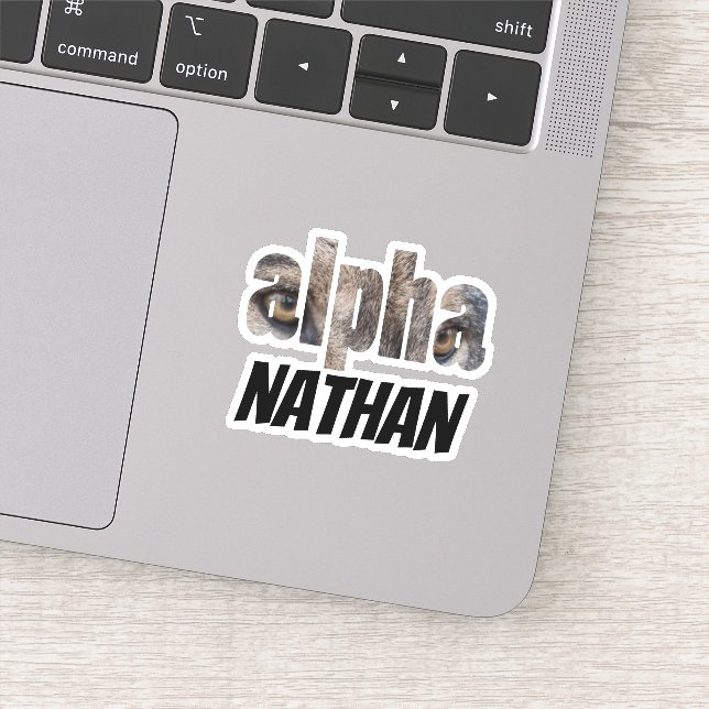 Alpha | Wolf Eyes First Name with Black Typography Sticker (Detail)