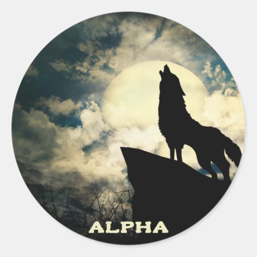 Alpha Wolf Howling AT The Full Moon Classic Round Sticker