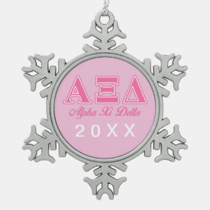 Alpha Xi Delta Pink Letters Snowflake Pewter Christmas Ornament