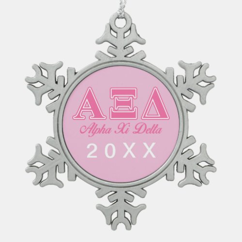 Alpha Xi Delta Pink Letters Snowflake Pewter Christmas Ornament