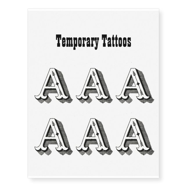 Alphabet A, Ornamental Black Fonts Temporary Tattoos (Front)
