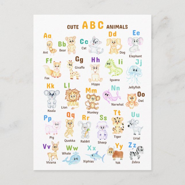 Alphabet Animal ABC Cute animals  Announcement Postcard (Front)