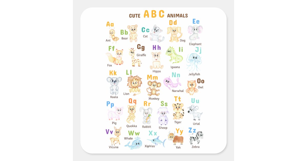 Alphabet Animal ABC Cute animals Square Sticker | Zazzle