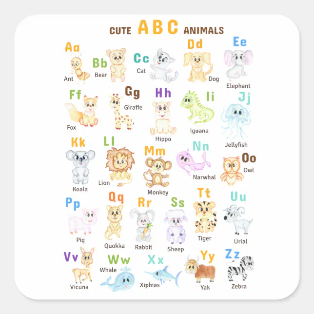 Alphabet Animal ABC Cute animals Square Sticker | Zazzle