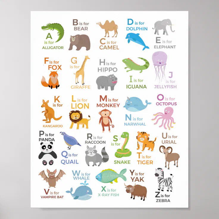 Alphabet Animals A-Z Kids Kids Child Home Schooling Learning Educational Posters 