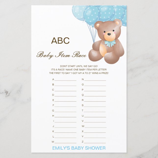 Alphabet Baby Item Baby Shower Game PRINTED (Front)