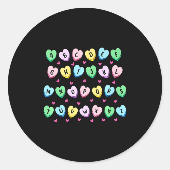 Alphabet Candy Heart Love Valentines Day Teacher  Classic Round Sticker (Front)