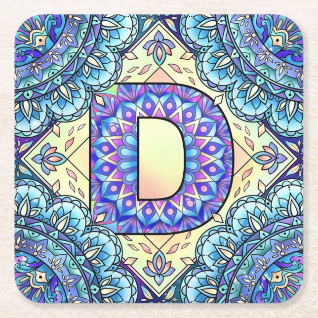 Alphabet D mandala Square Paper Coaster (Front)