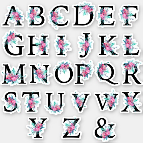 Alphabet  Floral pink turquoise watercolor letter Sticker