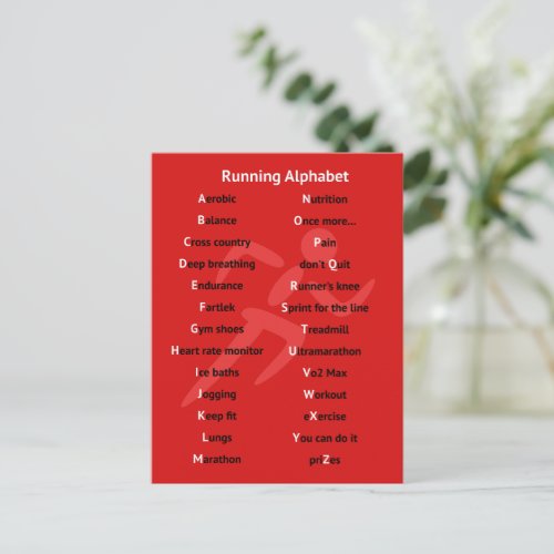 Alphabet for runners red postcard