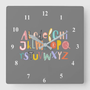 Alphabet kids cool typography square wall clock