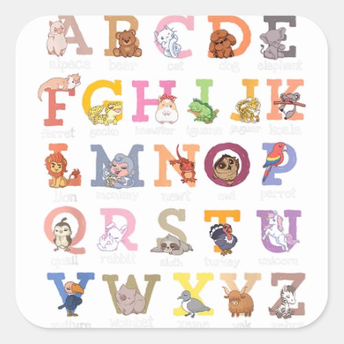 Alphabet Kids Letters Cat Dog Ferret Hamster Parro Square Sticker