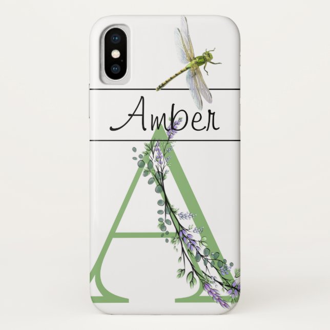 Alphabet letter A Lavender Eucalyptus Dragonfly Case-Mate iPhone Case (Back)