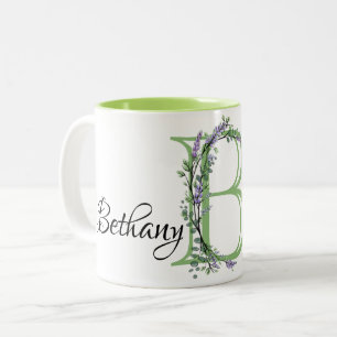 Alphabet letter B, watercolor Lavender botanical Two-Tone Coffee Mug