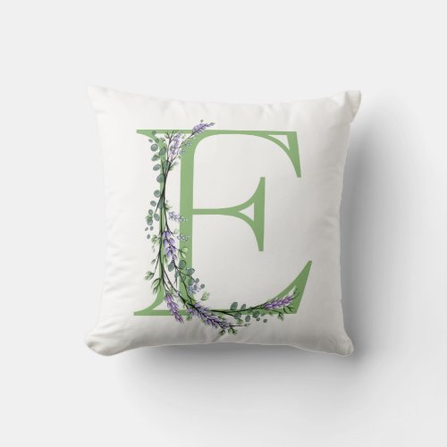 Alphabet letter E Lavender Eucalyptus monogram Throw Pillow