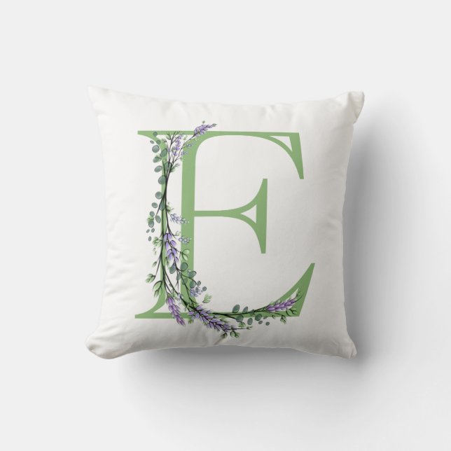 Alphabet letter E Lavender Eucalyptus monogram Throw Pillow (Front)