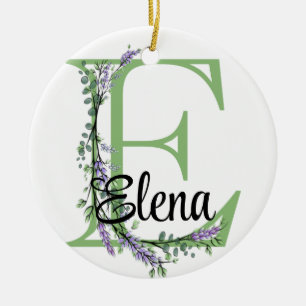 Alphabet letter E, watercolor Lavender botanical Ceramic Ornament