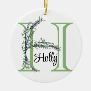 Alphabet letter H, watercolor Lavender botanical Ceramic Ornament