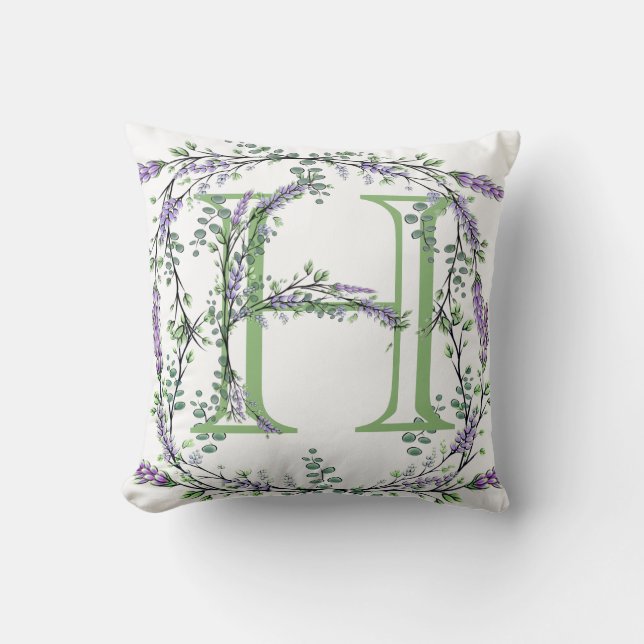Alphabet letter H, watercolor Lavender botanical  Throw Pillow (Front)