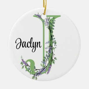 Alphabet letter J, watercolor Lavender botanical Ceramic Ornament