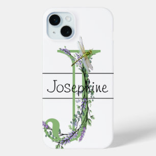 Alphabet letter J, watercolor Lavender Dragonfly iPhone 15 Plus Case