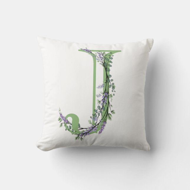 Alphabet letter J watercolor Lavender Eucalyptus Throw Pillow (Front)