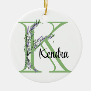 Alphabet letter K, watercolor Lavender botanical Ceramic Ornament