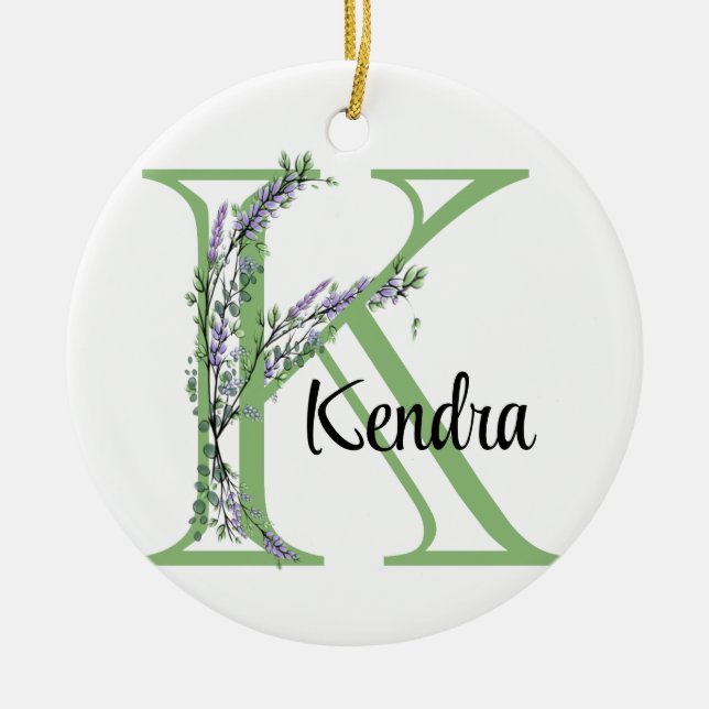 Alphabet letter K, watercolor Lavender botanical Ceramic Ornament (Front)