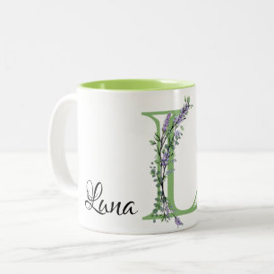 Alphabet letter L, watercolor Lavender botanical Two-Tone Coffee Mug