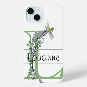 Alphabet letter L, watercolor Lavender Dragonfly iPhone 15 Plus Case