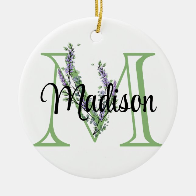 Alphabet letter M, watercolor Lavender botanical Ceramic Ornament (Front)