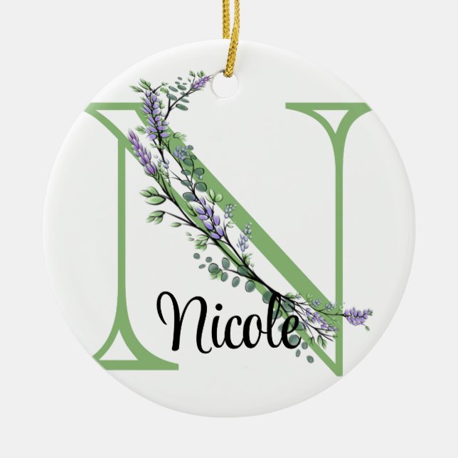 Alphabet letter N, watercolor Lavender botanical Ceramic Ornament (Front)