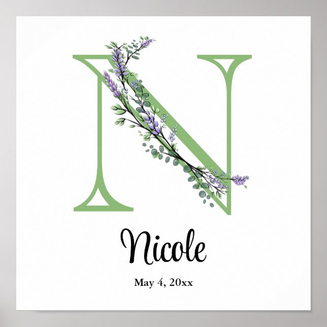 Alphabet letter N watercolor Lavender Eucalyptus  Poster (Front)