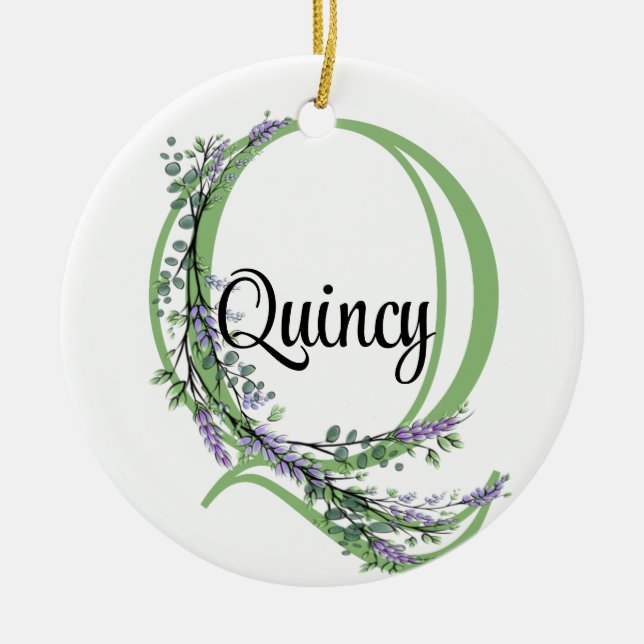 Alphabet letter Q, watercolor Lavender botanical Ceramic Ornament (Front)