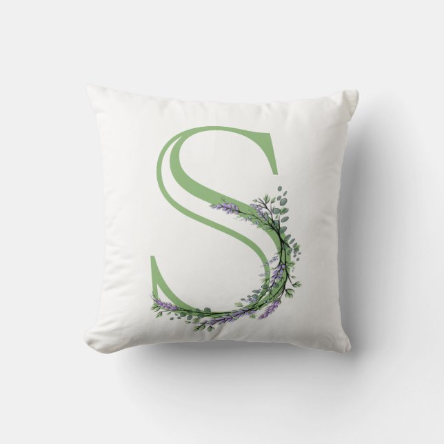 Alphabet letter S watercolor Lavender Eucalyptus Throw Pillow (Front)