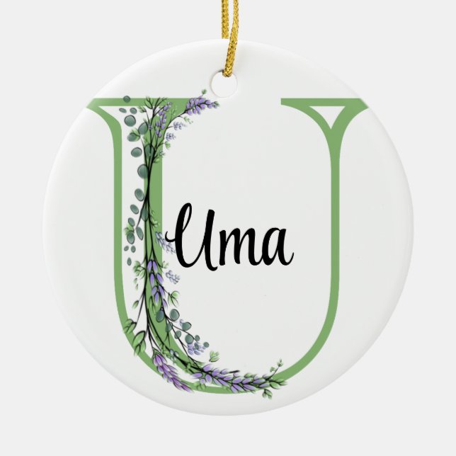 Alphabet letter U, watercolor Lavender botanical Ceramic Ornament (Front)