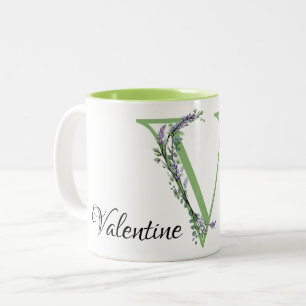Alphabet letter V, watercolor Lavender botanical Two-Tone Coffee Mug