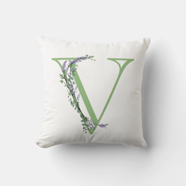 Alphabet letter V watercolor Lavender Eucalyptus Throw Pillow (Front)