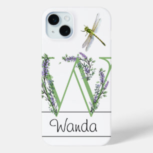 Alphabet letter W, watercolor Lavender Dragonfly iPhone 15 Plus Case