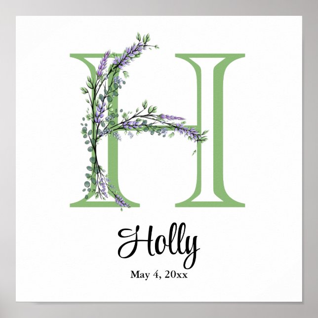 Alphabet letter watercolor H Lavender Eucalyptus  Poster (Front)
