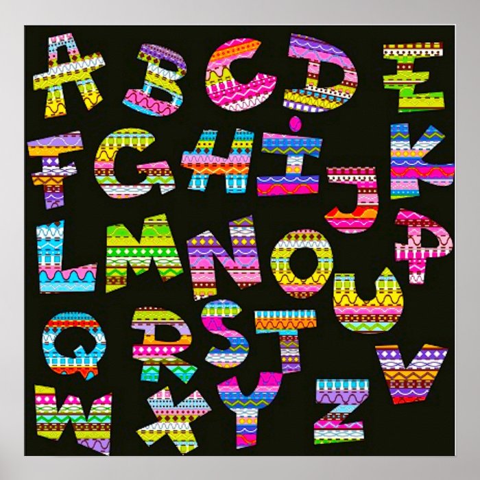 Alphabet letters colourful black patterns fun part poster