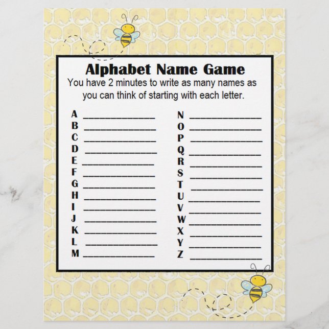 Alphabet Name Game and Baby Shower Bingo Game Flyer (Front)