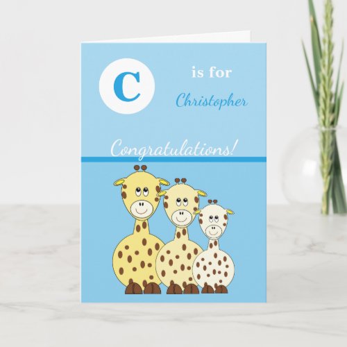 Alphabet name new baby cute giraffes blue card